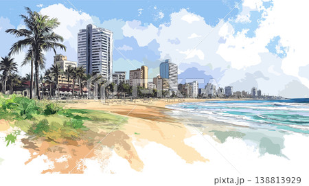 Durban Beaches. Durban Beaches hand drawn watercolor illustration on white background 138813929