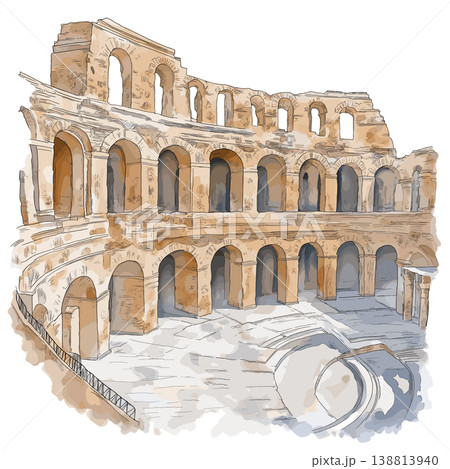 El Jem Amphitheatre. El Jem Amphitheatre hand drawn watercolor illustration on white background El Jem Amphitheatre. El Jem Amphitheatre hand drawn watercolor illustration on white background 138813940