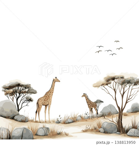 Etosha National Park. Etosha National Park hand drawn watercolor illustration on white background Etosha National Park. Etosha National Park hand drawn watercolor illustration on white background 138813950
