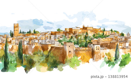 Fes el-Bali. Fes el-Bali hand drawn watercolor illustration on white background Fes el-Bali. Fes el-Bali hand drawn watercolor illustration on white background 138813954