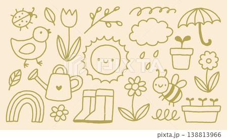 Hand drawn vector set of spring garden doodles. Cute minimalist icons featuring sun flowers bee bird rainbow and watering can. Perfect for seasonal decor and nature themed design assets and projects 138813966