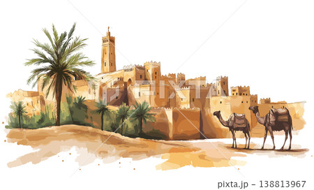 Ghardaia. Ghardaia hand drawn watercolor illustration on white background Ghardaia. Ghardaia hand drawn watercolor illustration on white background 138813967