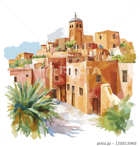 Ghardaia. Ghardaia hand drawn watercolor illustration on white background Ghardaia. Ghardaia hand drawn watercolor illustration on white background 138813968