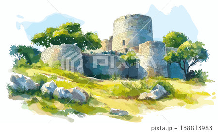 Great Zimbabwe Ruins. Great Zimbabwe Ruins hand drawn watercolor illustration on white background 138813983