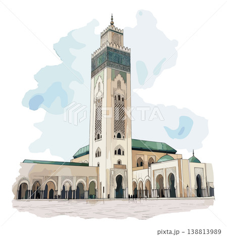 Hassan II Mosque. Hassan II Mosque hand drawn watercolor illustration on white background Hassan II Mosque. Hassan II Mosque hand drawn watercolor illustration on white background 138813989