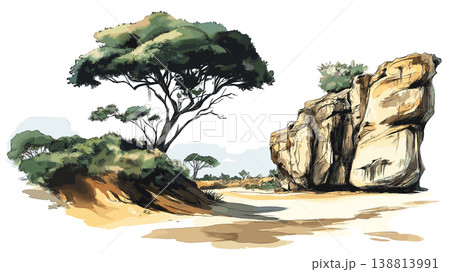 Hells Gate National Park. Hells Gate National Park hand drawn watercolor illustration on white background Hells Gate National Park. Hells Gate National Park hand drawn watercolor illustration on white background 138813991