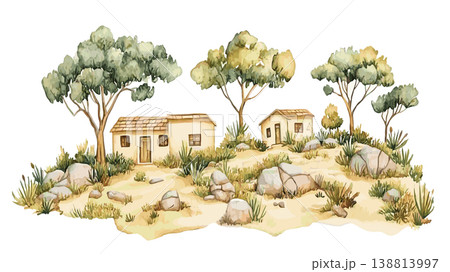 Hogsback. Hogsback hand drawn watercolor illustration on white background 138813997