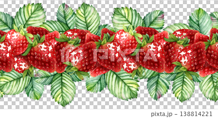 Watercolor seamless strawberry border with berries flowers and leaves, hand painted botanical fruit floral pattern isolated on white background, decorative ribbon clipart for packaging textile design Watercolor seamless strawberry border with berries flowers and leaves, hand painted botanical fruit floral pattern isolated on white background, decorative ribbon clipart for packaging textile design 138814221