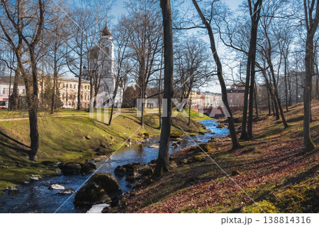 Spring stream winds through leaf-strewn banks. Oranienbaum. 138814316