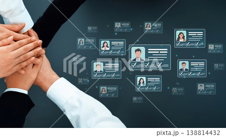 A group of hands symbolizes unity and collaboration in a professional setting, showcasing digital profiles with checkmarks representing successful evaluations and teamwork. Sigmoid 138814432