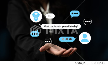 Person Reaching Out for Virtual Assistance with Chat Bubbles Displaying AI Messages and Text Options for Customer Support or Engagement Gantry Person Reaching Out for Virtual Assistance with Chat Bubbles Displaying AI Messages and Text Options for Customer Support or Engagement Gantry 138814515