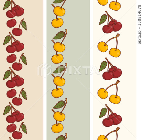 Seamless Border with Ripe Mix Red and Yellow Cherries Set. Botanical Vertical Background. Fruit Variety Ribbon. Isolated Natural Summer Harvest Pattern. Vector Illustration. Washi Tape Design. Seamless Border with Ripe Mix Red and Yellow Cherries Set. Botanical Vertical Background. Fruit Variety Ribbon. Isolated Natural Summer Harvest Pattern. Vector Illustration. Washi Tape Design. 138814678