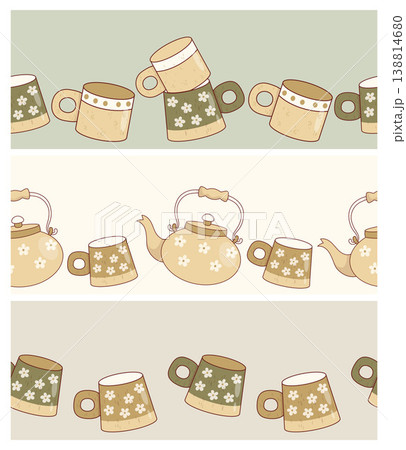 Seamless Borders with Handcrafted Ceramic Kitchenware. Teapots and Mugs on Earth Tones Background. Isolated Horizontal Ribbons. Washi Tape Set. Vector Illustration. Header with Copy Space Seamless Borders with Handcrafted Ceramic Kitchenware. Teapots and Mugs on Earth Tones Background. Isolated Horizontal Ribbons. Washi Tape Set. Vector Illustration. Header with Copy Space 138814680