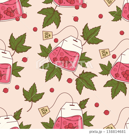 Red Currant Tea Bag Seamless Pattern. Fresh Summer Berries and Leaves Wrapping Paper on Soft Peach Background. Hand Drawn Botanical Textile Design with Eco Fruit Infusion. Vector Illustration. 138814681