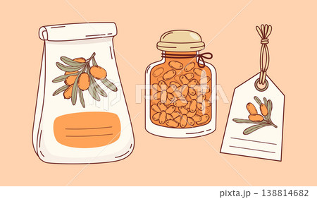 Homemade Sea Buckthorn Product Set. Paper Bag, Glass Small Jar Jam and Hanging Price Tag with Orange Berries. Organic Eco-Friendly Food. Isolated Vector Illustration. Vitamin Eco harvest Homemade Sea Buckthorn Product Set. Paper Bag, Glass Small Jar Jam and Hanging Price Tag with Orange Berries. Organic Eco-Friendly Food. Isolated Vector Illustration. Vitamin Eco harvest 138814682