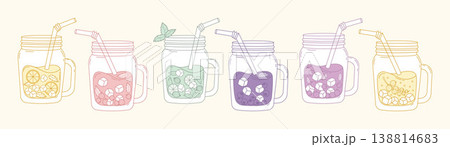 Berry and Fruit Infused Water Set in Mason Jars with Gooseberry Currant and Blueberry. Isolated Fresh Summer Drink Lemonade with Ice Cubes and Straw. Minimalistic Vector Illustration Berry and Fruit Infused Water Set in Mason Jars with Gooseberry Currant and Blueberry. Isolated Fresh Summer Drink Lemonade with Ice Cubes and Straw. Minimalistic Vector Illustration 138814683