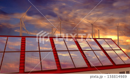 Solar panels, wind turbines, sunset sky. 3D rendering 138814989
