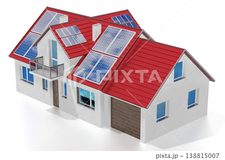 House with solar panels installed on a roof. 3D rendering House with solar panels installed on a roof. 3D rendering 138815007