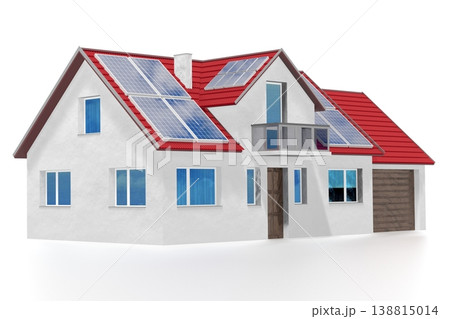 House with solar panels installed on a roof. 3D rendering 138815014