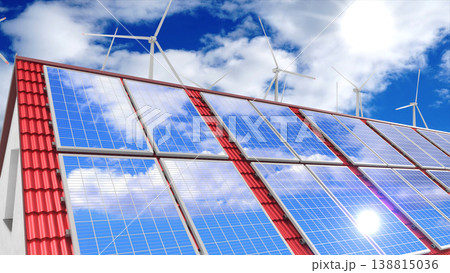Solar/ photovoltaic panels, wind turbines. 3D rendering 138815036