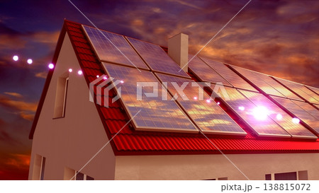 Solar panels installed on a roof, sunset sky. 3D rendering 138815072