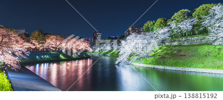 春の東京・千鳥ヶ淵のパノラマ夜景 ライトアップされた満開の桜【東京都・千代田区】 春の東京・千鳥ヶ淵のパノラマ夜景 ライトアップされた満開の桜【東京都・千代田区】 138815192