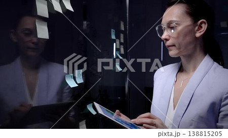 Experienced businesswoman analyzing data on a digital tablet while brainstorming and structuring an innovative business plan on a glass board using sticky notes Experienced businesswoman analyzing data on a digital tablet while brainstorming and structuring an innovative business plan on a glass board using sticky notes 138815205