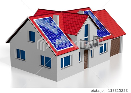 3D family house with solar/ photovoltaic panels installed on a roof 3D family house with solar/ photovoltaic panels installed on a roof 138815228