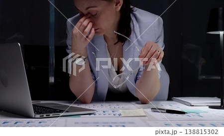 Stressed business woman suffering from headache in dark office, hands on head experiencing burnout and fatigue during late night work, facing deadline pressure and financial difficulties Stressed business woman suffering from headache in dark office, hands on head experiencing burnout and fatigue during late night work, facing deadline pressure and financial difficulties 138815302