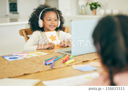 Shape, video call or happy kid with laptop for education, remote learning or knowledge in online class at home. Girl, child or kindergarten student ready for elearning assessment test or studying 138815311