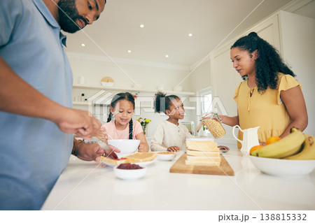 Family, eating and children in kitchen for breakfast, lunch and prepare meal at home together. Happy parents, morning and girls, mother and father with food for healthy diet, hunger and nutrition 138815332