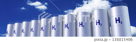 Cylindrical tanks with hydrogen gas - 3D illustration Cylindrical tanks with hydrogen gas - 3D illustration 138815406