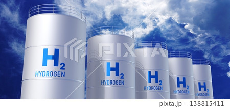 Cylindrical tanks with hydrogen gas - 3D illustration Cylindrical tanks with hydrogen gas - 3D illustration 138815411