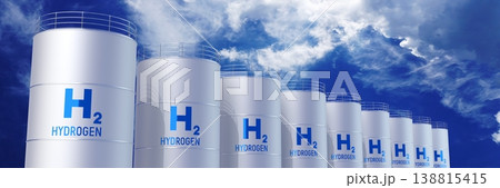 Cylindrical tanks with hydrogen gas - 3D illustration Cylindrical tanks with hydrogen gas - 3D illustration 138815415