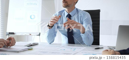 Business professional presenting financial strategy during corporate meeting with colleagues, analyzing charts and discussing data for growth and success planning Business professional presenting financial strategy during corporate meeting with colleagues, analyzing charts and discussing data for growth and success planning 138815435