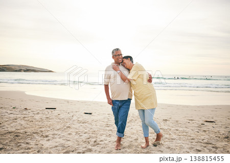 Senior couple hug, laughing and beach, ocean and travel with bonding and love, trust and marriage outdoor. Adventure, holiday and happiness, man and woman with comedy and life partner in nature Senior couple hug, laughing and beach, ocean and travel with bonding and love, trust and marriage outdoor. Adventure, holiday and happiness, man and woman with comedy and life partner in nature 138815455
