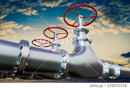 Gas pipelines and valves, sky in background - 3D illustration Gas pipelines and valves, sky in background - 3D illustration 138815538