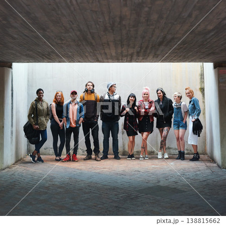 Group portrait, diversity or teenager with friends together in gen z, fashion or urban style for city, town or basement. People, community or teen student in casual streetwear for the weekend 138815662