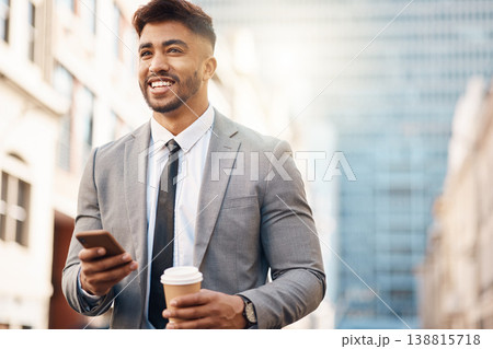 Phone, happy and business man in city online for social media, networking and website in town. Travel, professional and male worker smile with coffee and smartphone for internet on morning commute 138815718