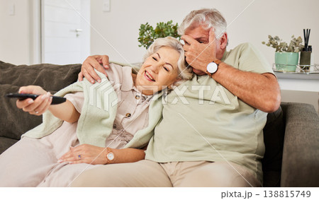 Relax, horror and watching tv with old couple on sofa for streaming, subscription and movie. Fear, television and scared with senior man and woman in living room at home for film and embrace Relax, horror and watching tv with old couple on sofa for streaming, subscription and movie. Fear, television and scared with senior man and woman in living room at home for film and embrace 138815749