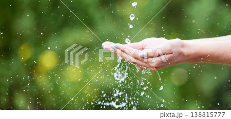 Woman, hands and palm with water for natural sustainability, washing or cleanse in nature. Closeup of female person with falling liquid drops for sustainable eco friendly environment in the outdoors 138815777