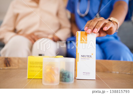 Box, hands and medicine with doctor, patient and table in home for wellness, healthcare and advice. Medic, pills and package in consultation, helping and pharmaceutical product for health in house Box, hands and medicine with doctor, patient and table in home for wellness, healthcare and advice. Medic, pills and package in consultation, helping and pharmaceutical product for health in house 138815793