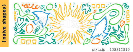 Bird and sun naive shape set with folk outlines and hand drawn doodles. Playful birds, scribbles and sun banner in boho green and blue with hearts. Decorative vector sticker set for kid collage 138815819