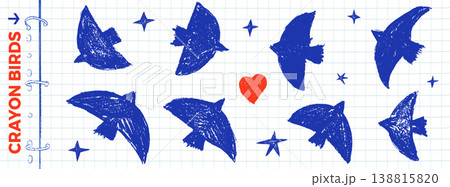 Blue crayon bird set with dove flock on notebook paper and red heart. Simple blue doodle and crayon icon for school or sticker print. Vector scribble dove in naive sky and childish ink art isolated 138815820