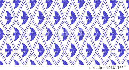 Summer blue bird seamless pattern with dove silhouettes in geometric diamond outline on white. Charcoal birds form a seamless vector crayon print for fabric and aop. Minimal sketch for wallpaper bg 138815824