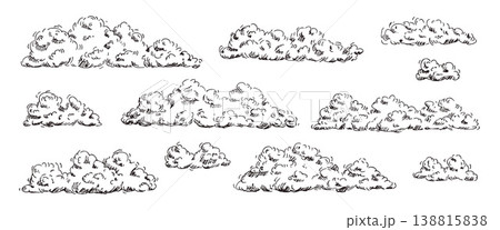 Sketchy cloud set. Sky illustration with hand-drawn ink brush or pencil strokes. Vintage doodle sky. Retro line art captures nature's beauty in black and white pencil sketch design. Vector linear set 138815838