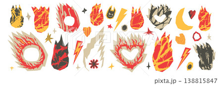 Fire, hot price callout, burned heart text box paper cutouts handmade textures icons. Doodle scrap cut flames vector set. Collage elements for sale design. Scrapbook bonfire grunge forms isolated 138815847