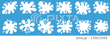Milk splash set. White blob amoeba shapes with drops. Water puddle and paint stain blot design for text or decor. Abstract fluid graphic organic forms. Simple flat splash vector illustration isolated Milk splash set. White blob amoeba shapes with drops. Water puddle and paint stain blot design for text or decor. Abstract fluid graphic organic forms. Simple flat splash vector illustration isolated 138815849