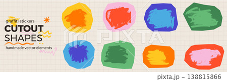 Paper cutout shapes with spray paint and childish collage art on grid. Education paper stickers for school and kindergarten notebook. Colorful vector cutout splodge frames with trendy planner set Paper cutout shapes with spray paint and childish collage art on grid. Education paper stickers for school and kindergarten notebook. Colorful vector cutout splodge frames with trendy planner set 138815866