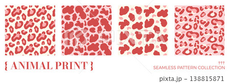 Animal print seamless pattern for coquette girly design. Cheetah and leopard monochrome seamless spots on animalistic background in pink. Vector repeat covers with organic skin and rosette fur motif Animal print seamless pattern for coquette girly design. Cheetah and leopard monochrome seamless spots on animalistic background in pink. Vector repeat covers with organic skin and rosette fur motif 138815871